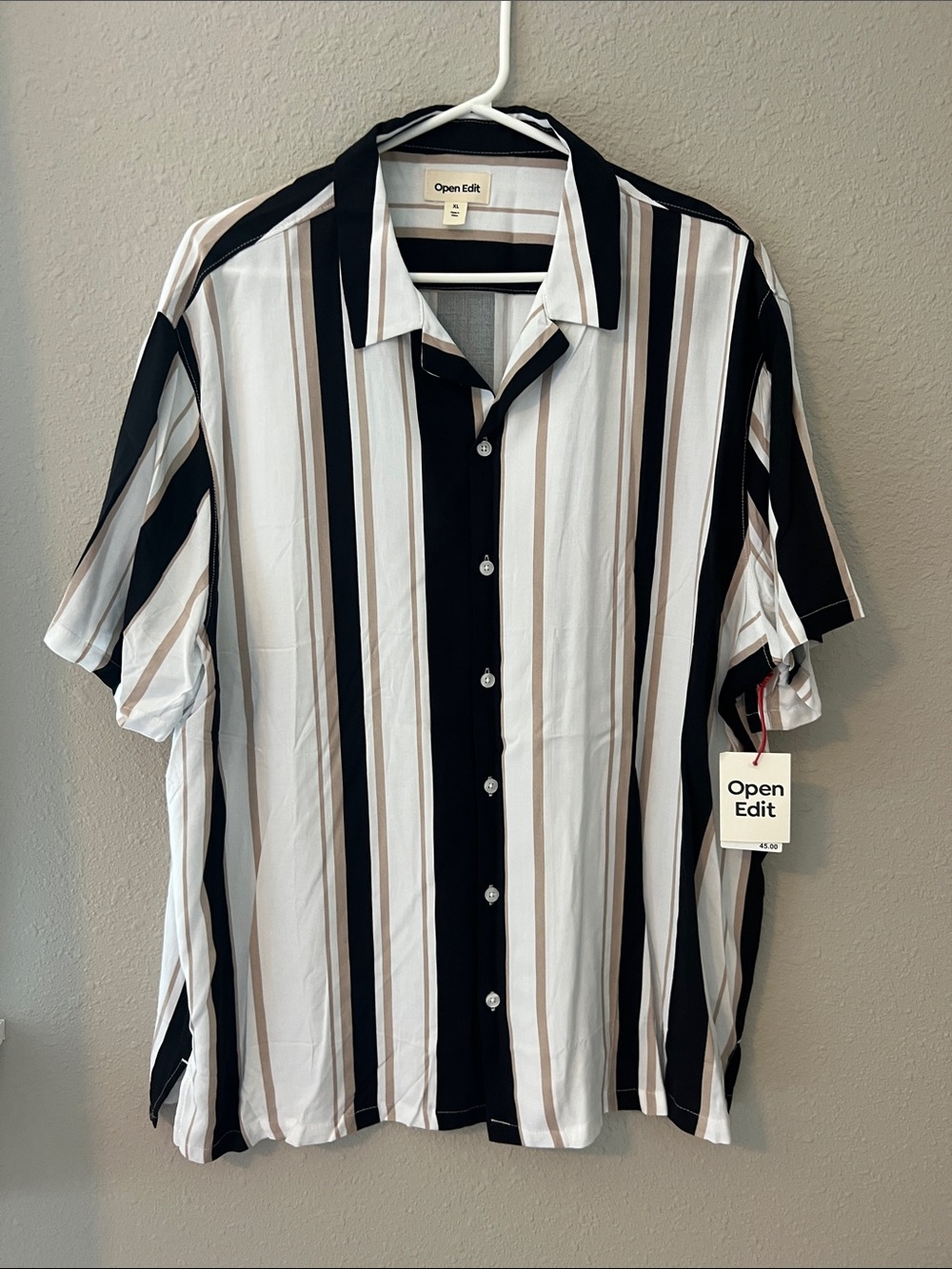 Open Edit Men’s Short-Sleeve Vertical Stripe Shirt — Black & White size XL